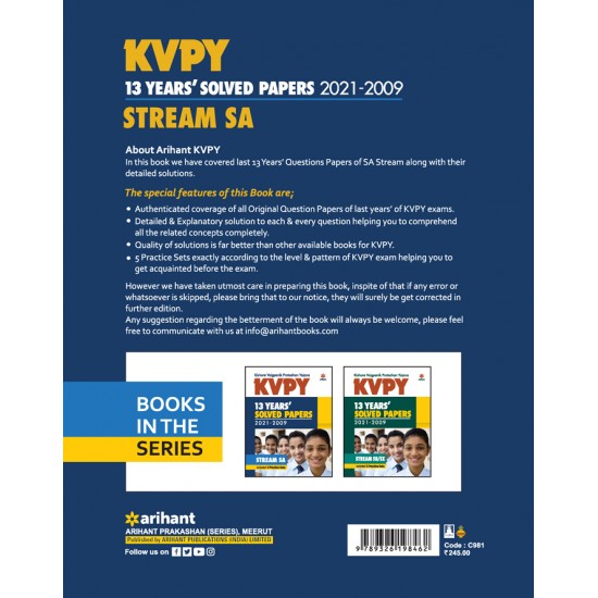 Buy KVPY 13 Yesrs Solved Papers 2021-2009 STREAM SA at lowest prices in india